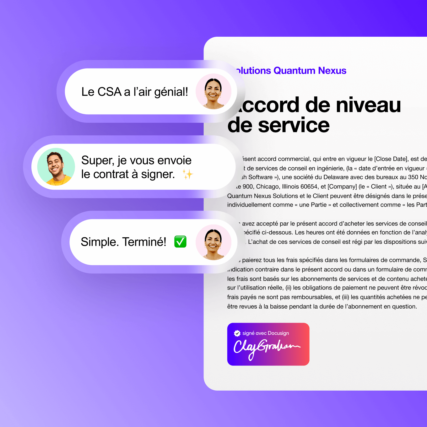 L'image de l'interface utilisateur Docusign IAM pour les ventes montre des personnes discutant de la signature d'un contrat de services client.