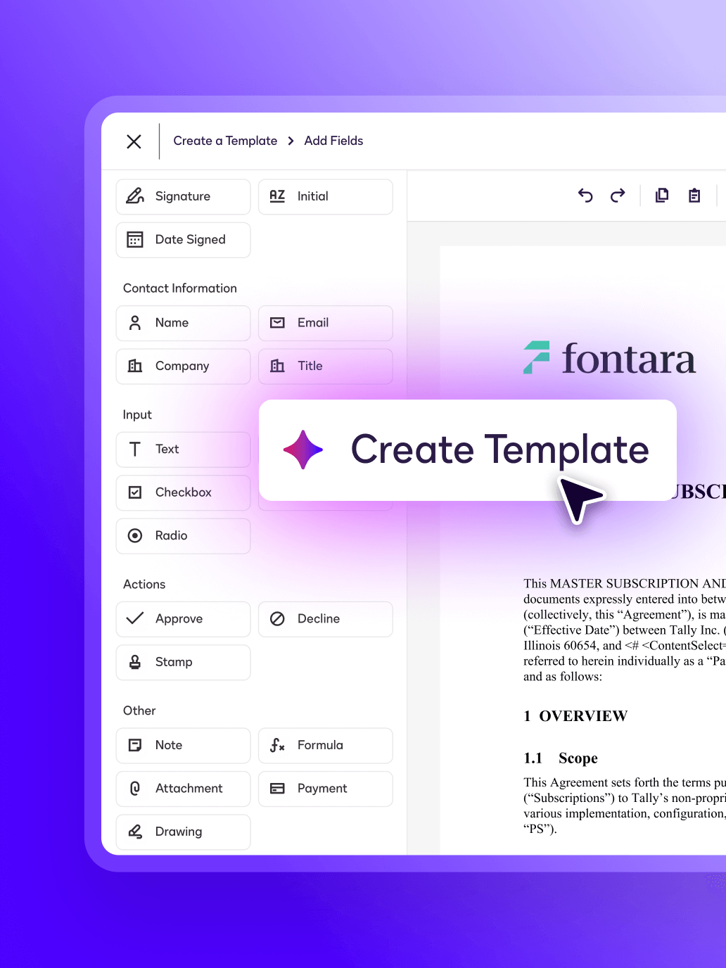 A digital interface for a document editor featuring a "Create Template" button, showcasing agreement automation tools for adding signatures, checkboxes, and contact fields.