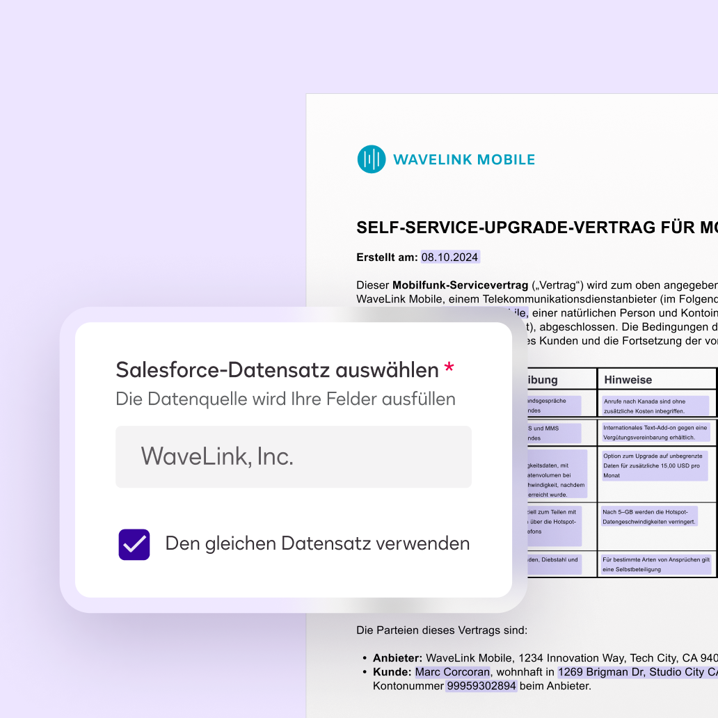 Docusign-Vorbereitung der Benutzeroberfläche eines Beispieltickets