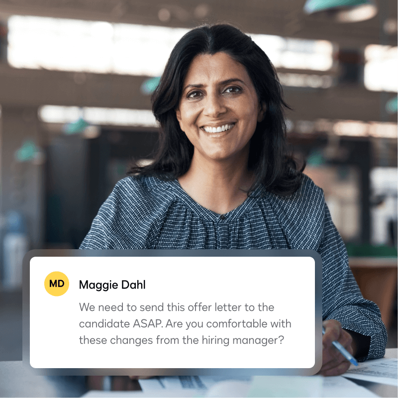 A notification prompts a user to review the hiring team's changes to an offer letter before it is sent to the candidate for signature.