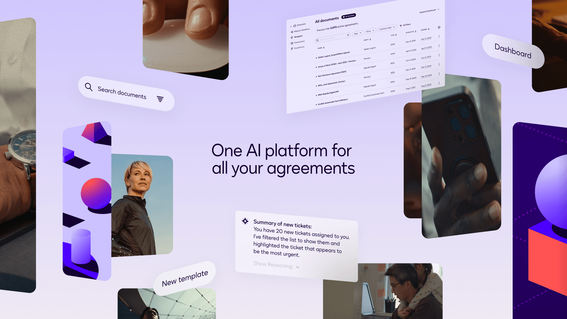Collage of photos and screenshots depicting how Docusign IAM is the one AI platform you need for all your agreements.