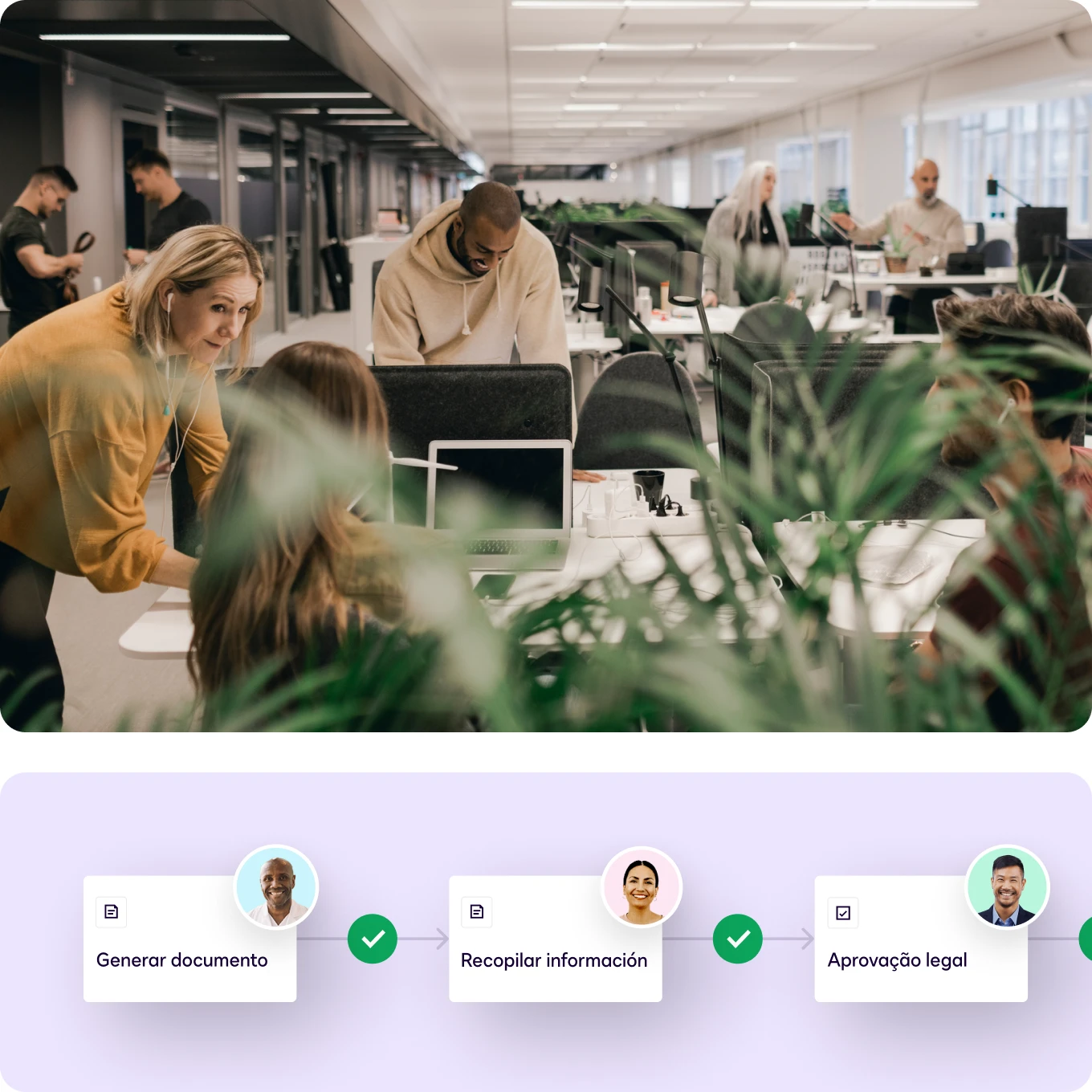 Office scene showing a team collaborating on a project, focusing on generating documents, collecting information, and legal approval.