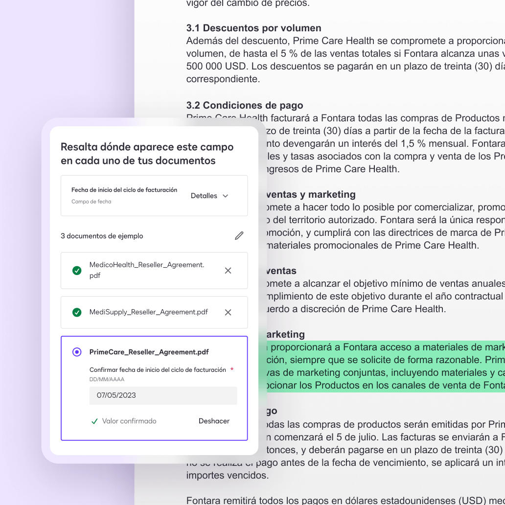 Una pantalla en Docusign Navigator que muestra una extracción personalizada utilizando IA.