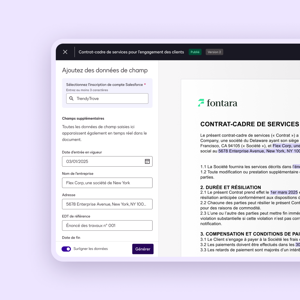 Interface utilisateur de préparation d'accord Docusign pour l'ajout de données de champ
