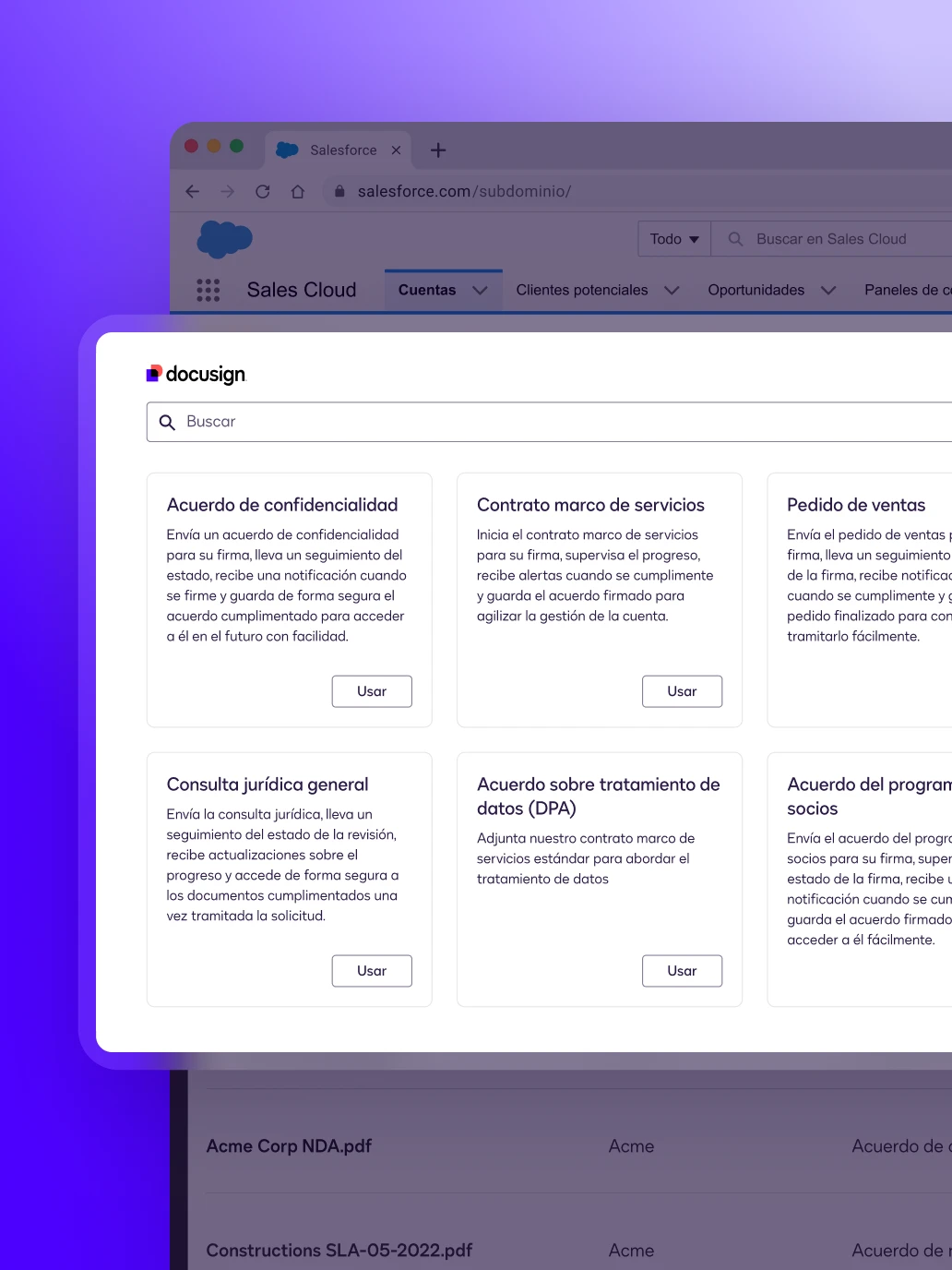 User interface showing Docusign templates that allow users to generate sales agreements in seconds.