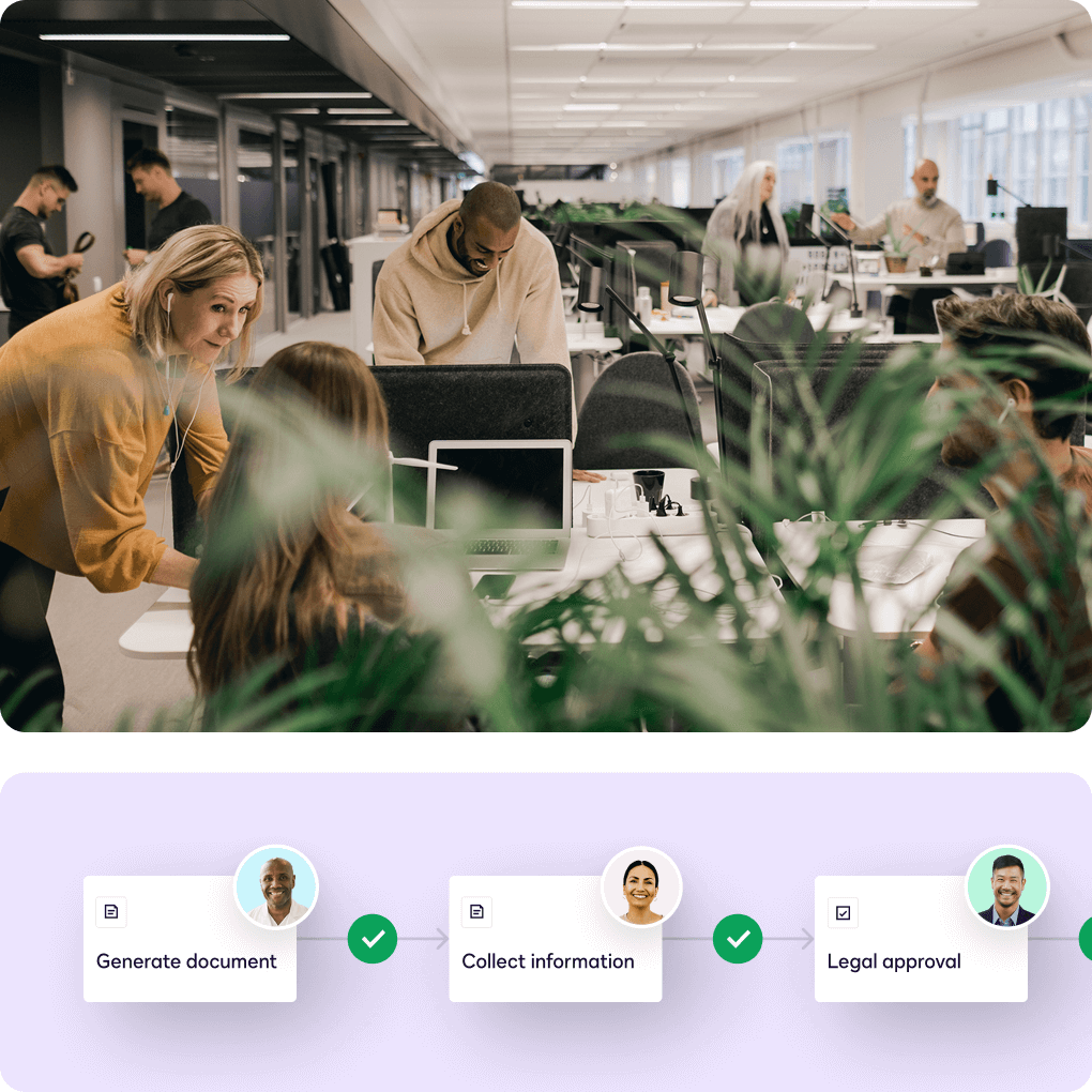 Office scene showing a team collaborating on a project, focusing on generating documents, collecting information, and legal approval.