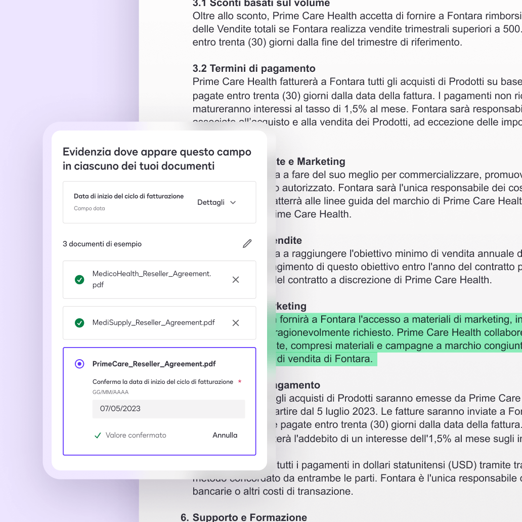 Uno schermo in Docusign Navigator che mostra un'estrazione personalizzata utilizzando l'IA.