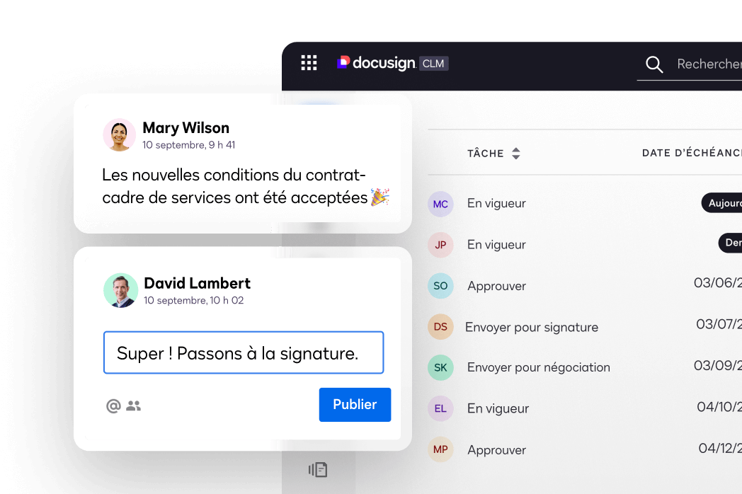 Interface utilisateur de Docusign CLM affichant des commentaires