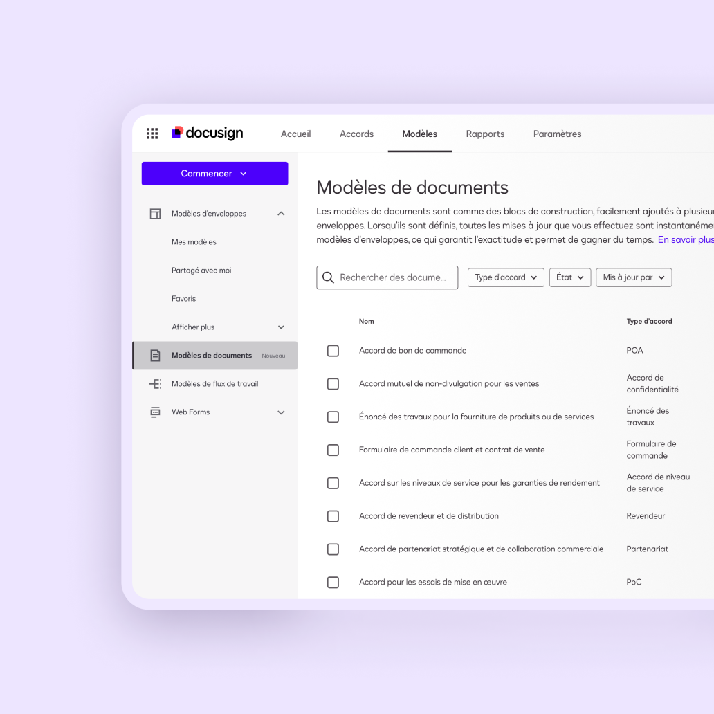 Interface de préparation d'accord Docusign pour la gestion des modèles d'accords