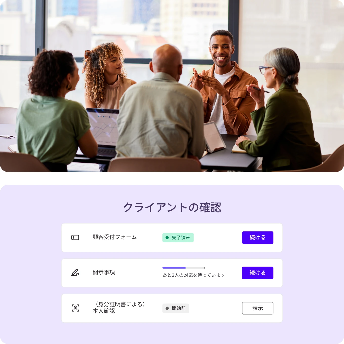 A group of professionals in a meeting above a digital checklist for client verification, representing the efficiency of agreement automation in modern business workflows.