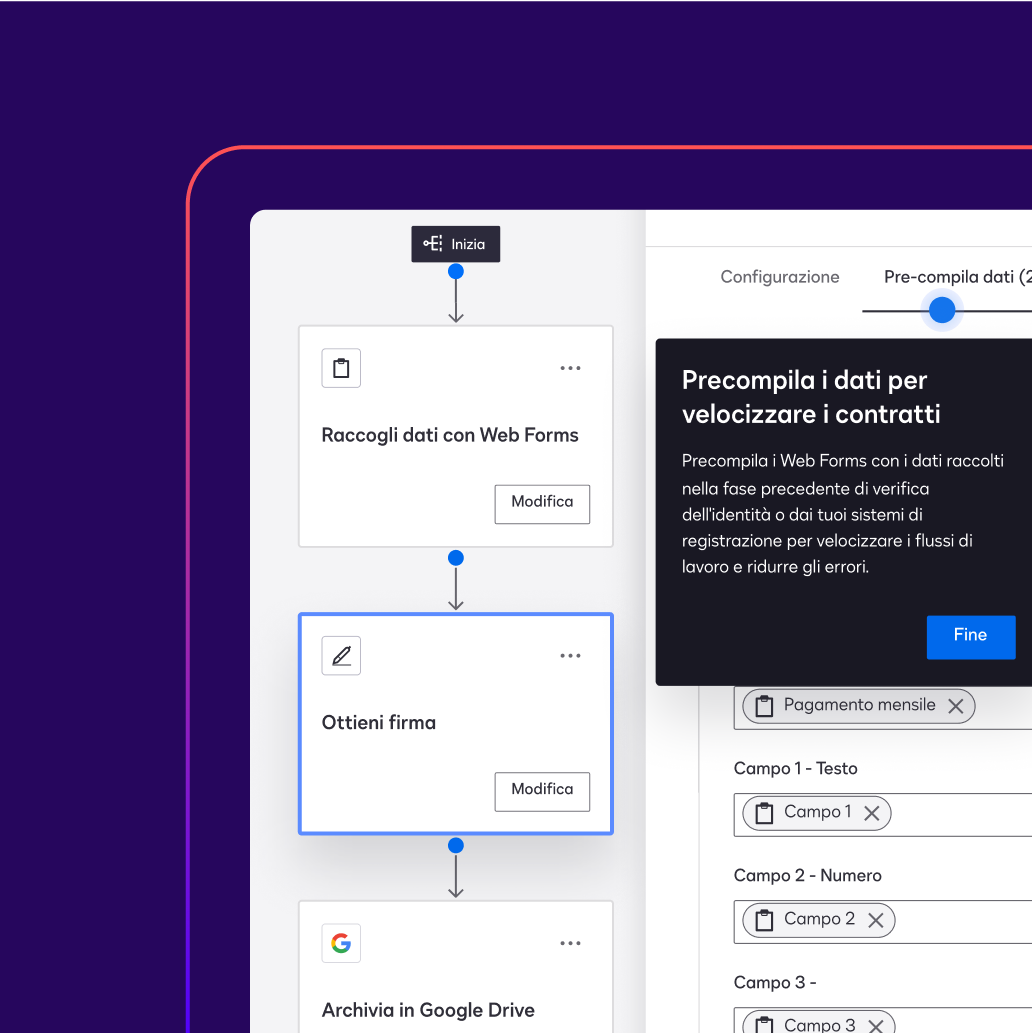 A screen in Docusign Workflow Builder prompts a user to pre-fill data in a Web Form to speed up agreements.
