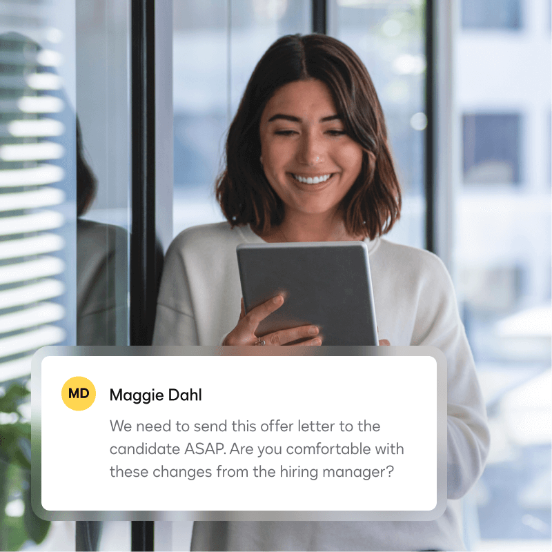 A notification prompts a user to review the hiring team's changes to an offer letter before it is sent to the candidate for signature.
