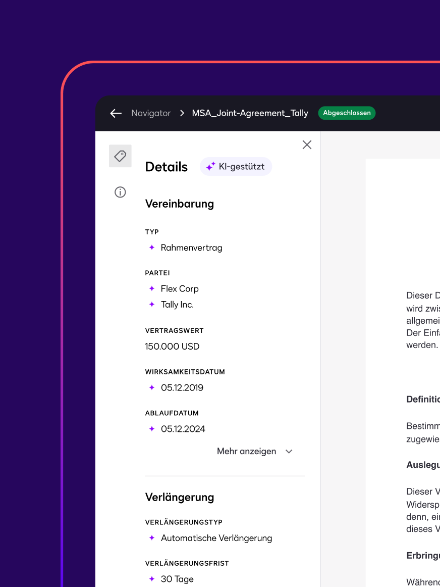 Eine KI-generierte Datenextraktion zieht den Typ, den Titel, die Partei, den Vertragswert, das Inkrafttretungsdatum und das Ablaufdatum aus einem Rahmenvertrag.