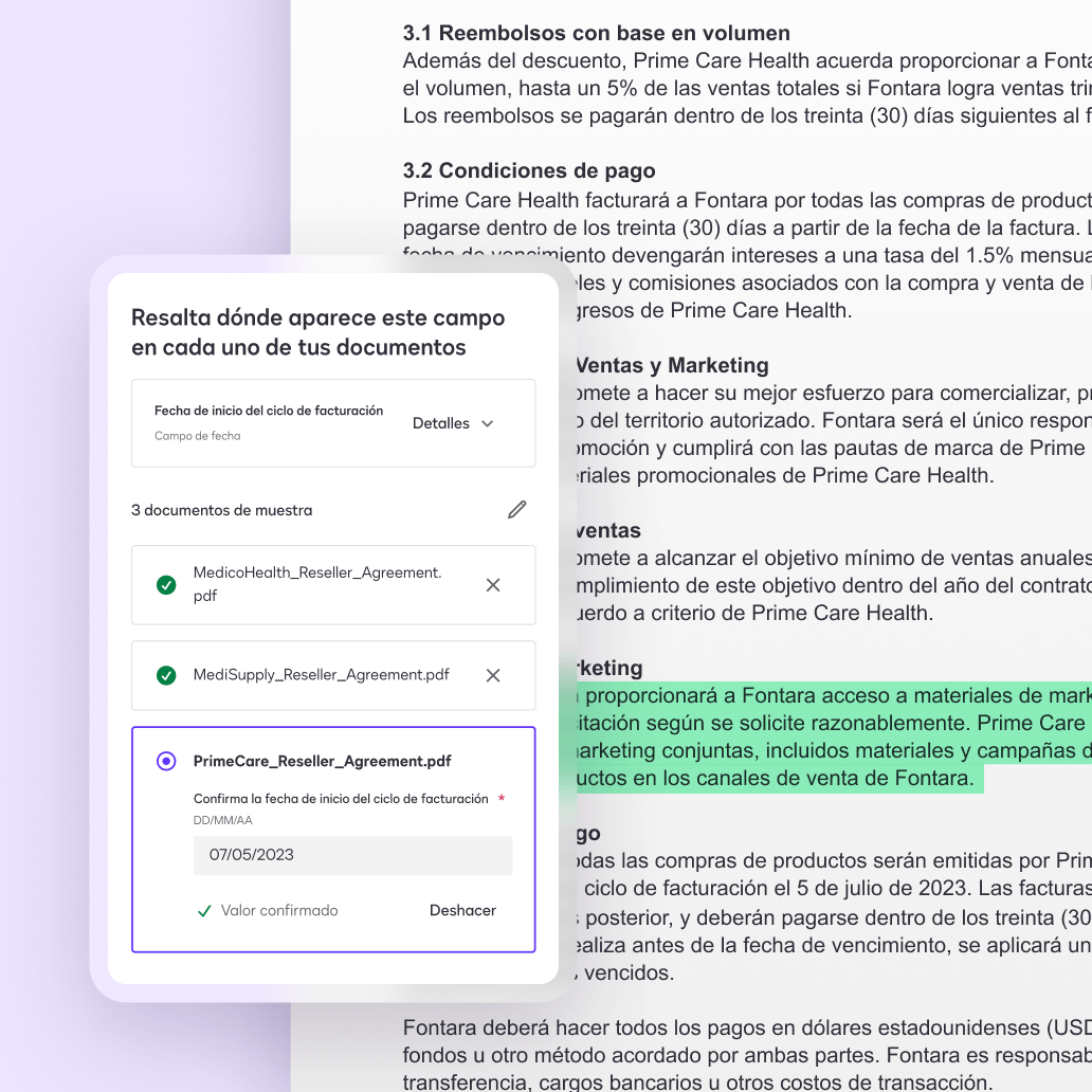 Una pantalla en Docusign Navigator que muestra una extracción personalizada utilizando IA.