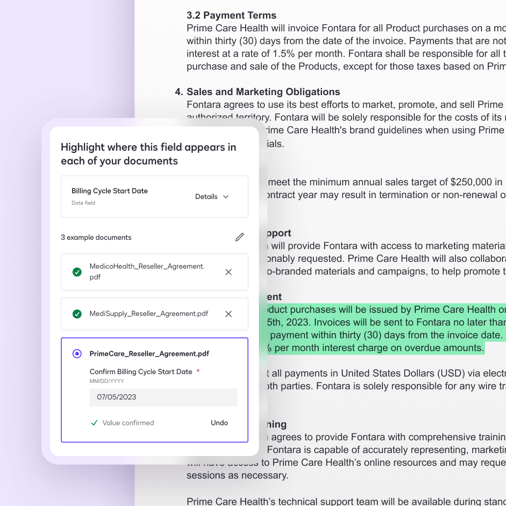 A screen in Docusign Navigator displaying a custom extraction using AI