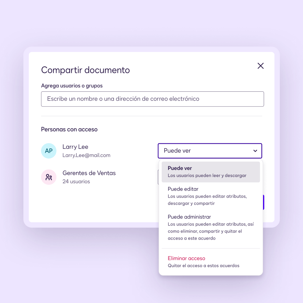 Una pantalla en Docusign Navigator donde el usuario puede seleccionar un nivel de acceso a los acuerdos para otros.