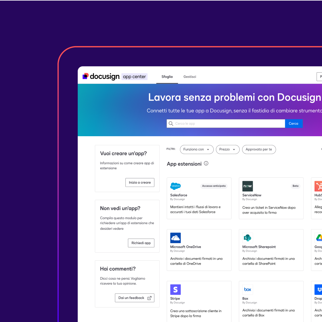Screenshot of Docusign app center homepage featuring options to build apps, request apps, and provide feedback.