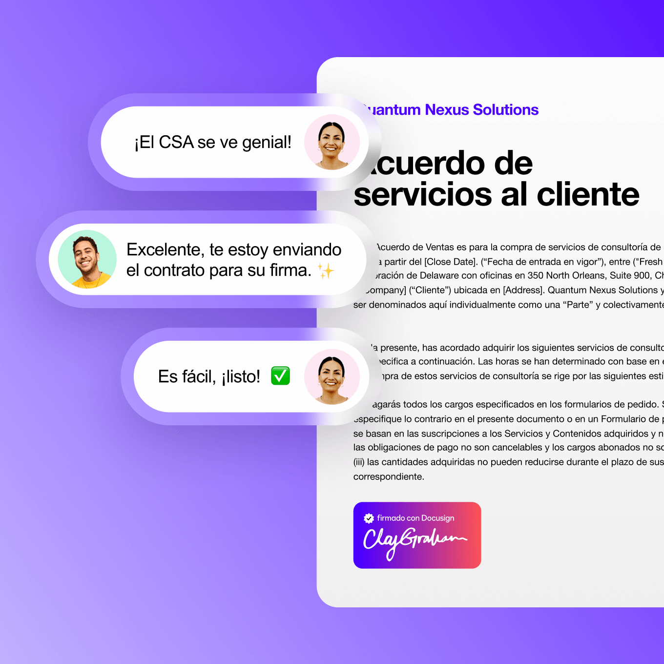 La imagen de la interfaz de usuario de Docusign IAM para ventas muestra a personas discutiendo la firma de un contrato de servicios al cliente.