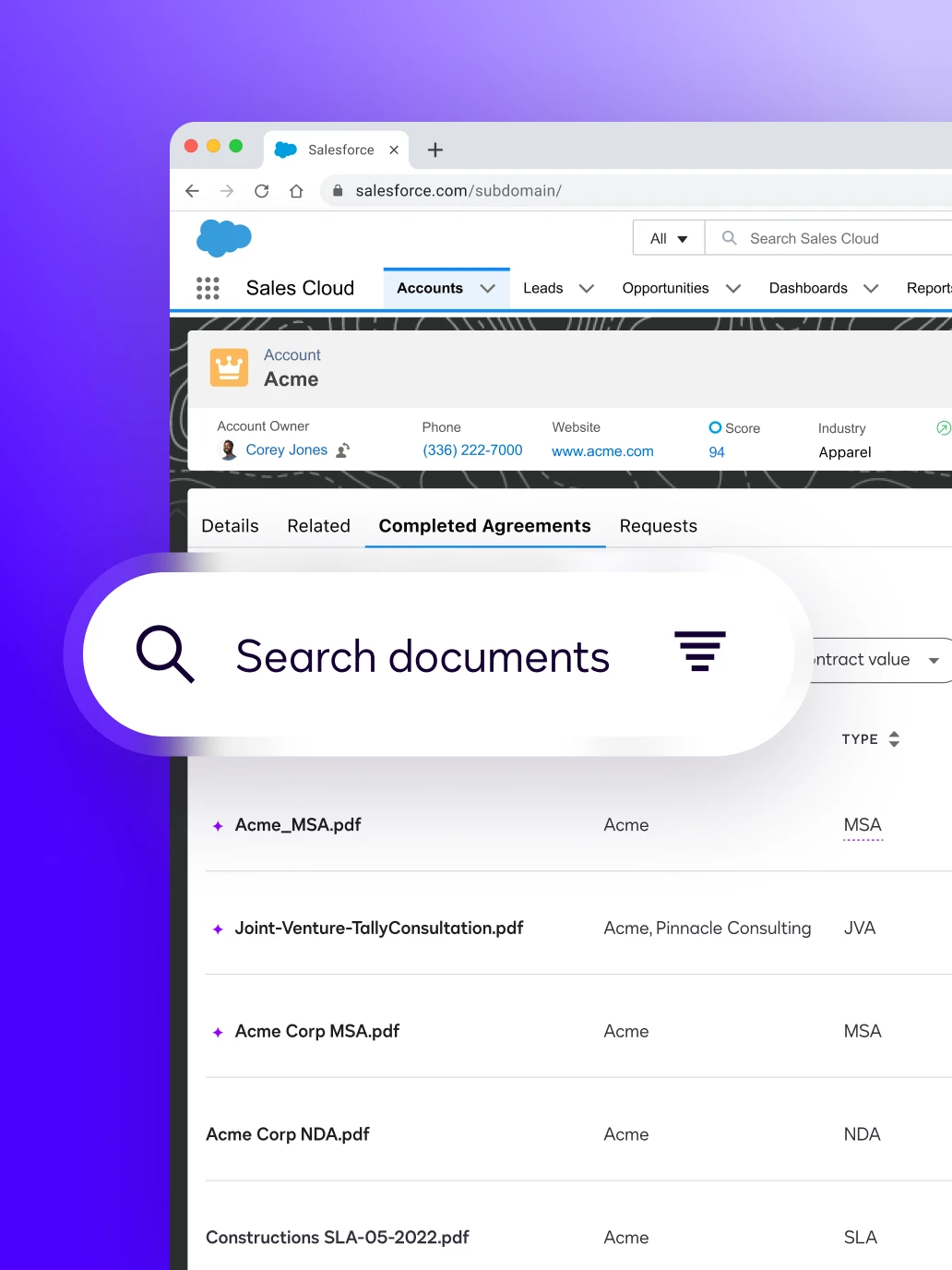 User interface showing how AI search tools in Docusign Iris simplify the process of managing agreements.