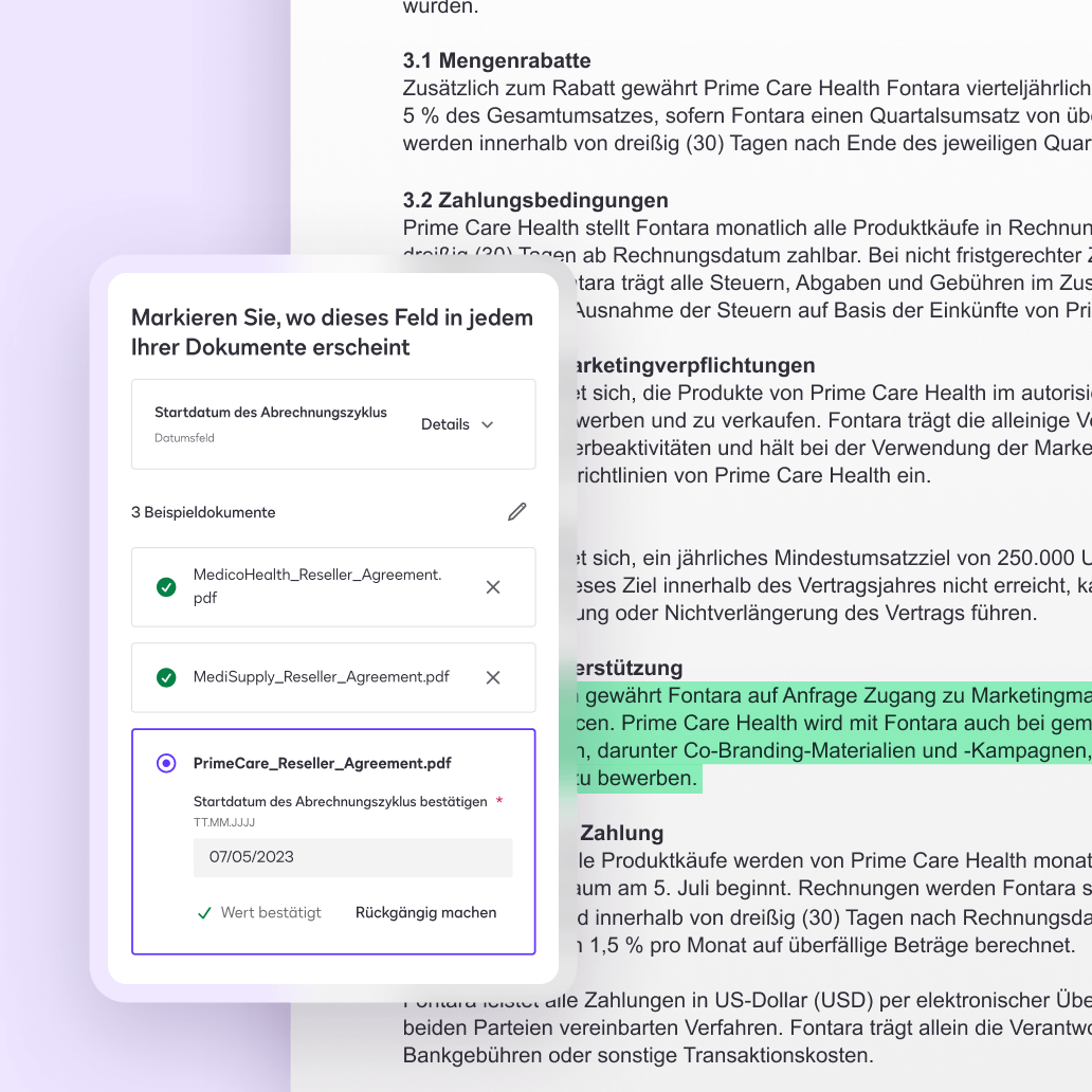 Ein Bildschirm in Docusign Navigator, der eine benutzerdefinierte Extraktion mit KI anzeigt.