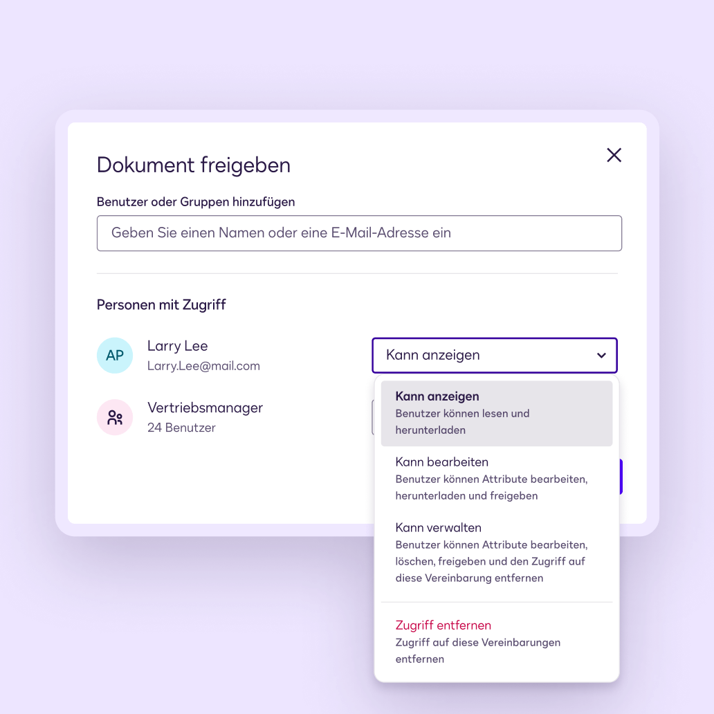 Ein Bildschirm in Docusign Navigator, auf dem der Benutzer eine Zugriffsstufe für andere auswählen kann.