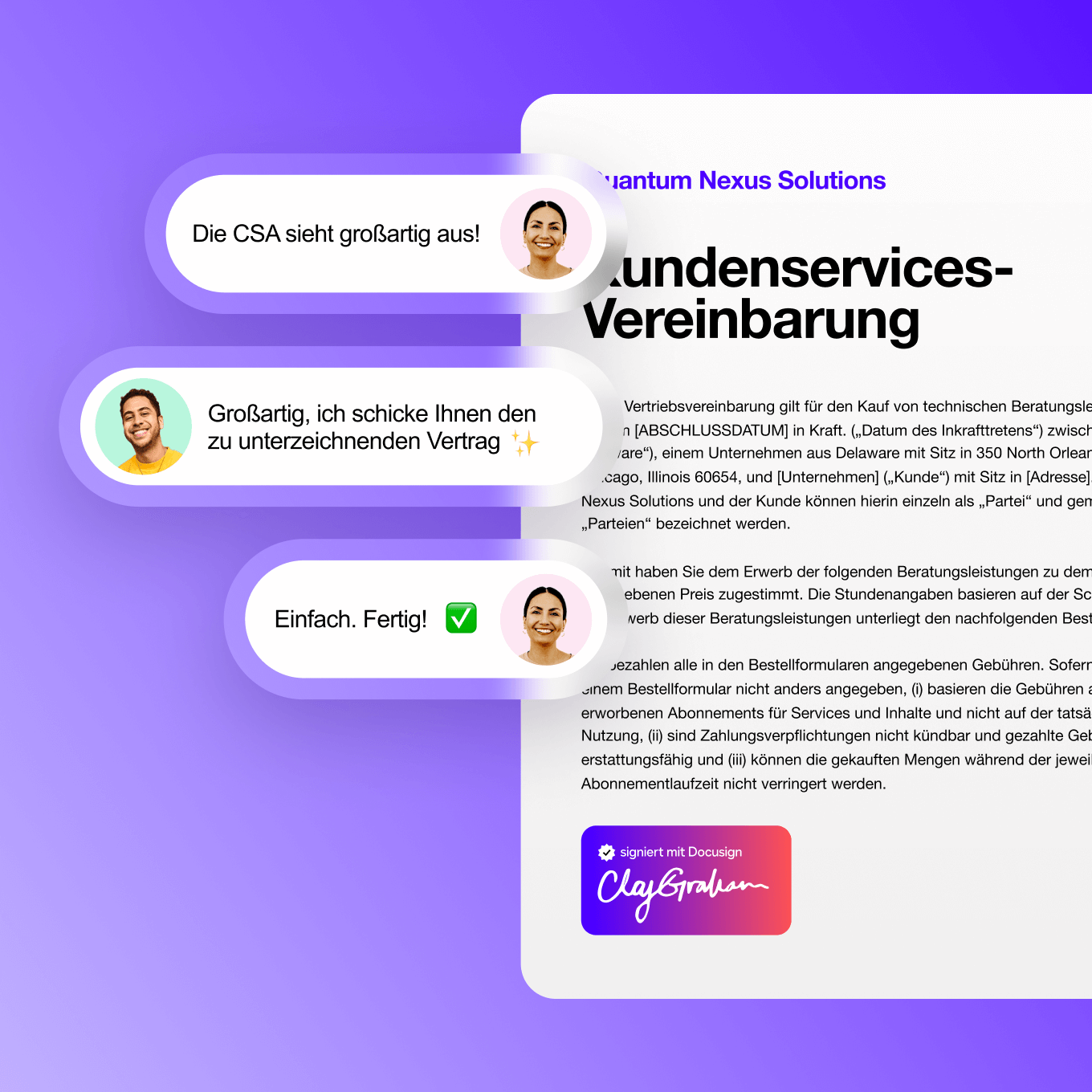 Docusign IAM für Vertriebsbenutzeroberfläche zeigt Personen, die über die Unterzeichnung eines Dienstleistungsvertrags mit einem Kunden diskutieren.