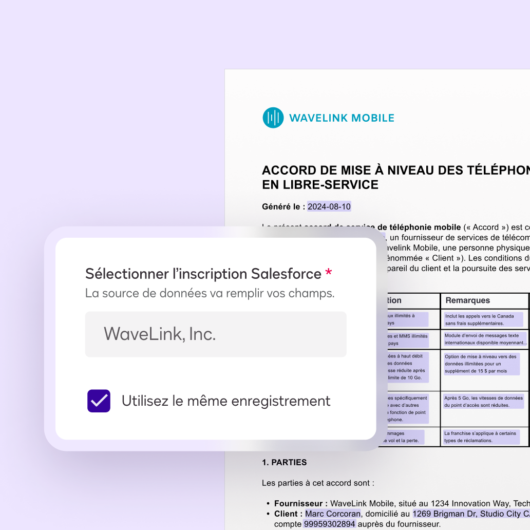 Interface utilisateur de préparation d'accord Docusign d'un ticket d'exemple