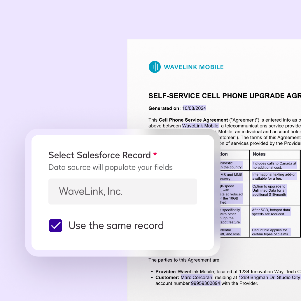 Docusign Agreement Preparation user interface of a sample ticket