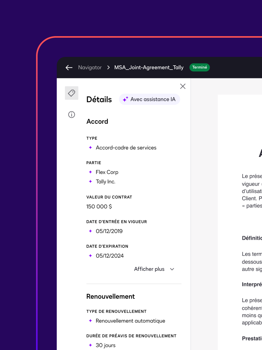 Une extraction de données générée par l'IA extrait le type, le titre, la partie, la valeur du contrat, la date d'entrée en vigueur et la date d'expiration d'un contrat de service principal.