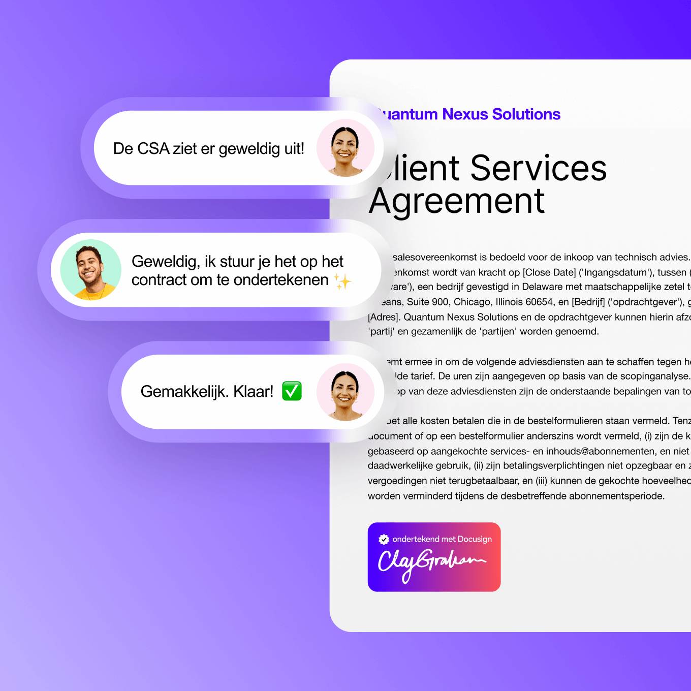 Docusign IAM voor Sales gebruikersinterface afbeelding toont mensen die bespreken het ondertekenen van een klantdienstenovereenkomst.