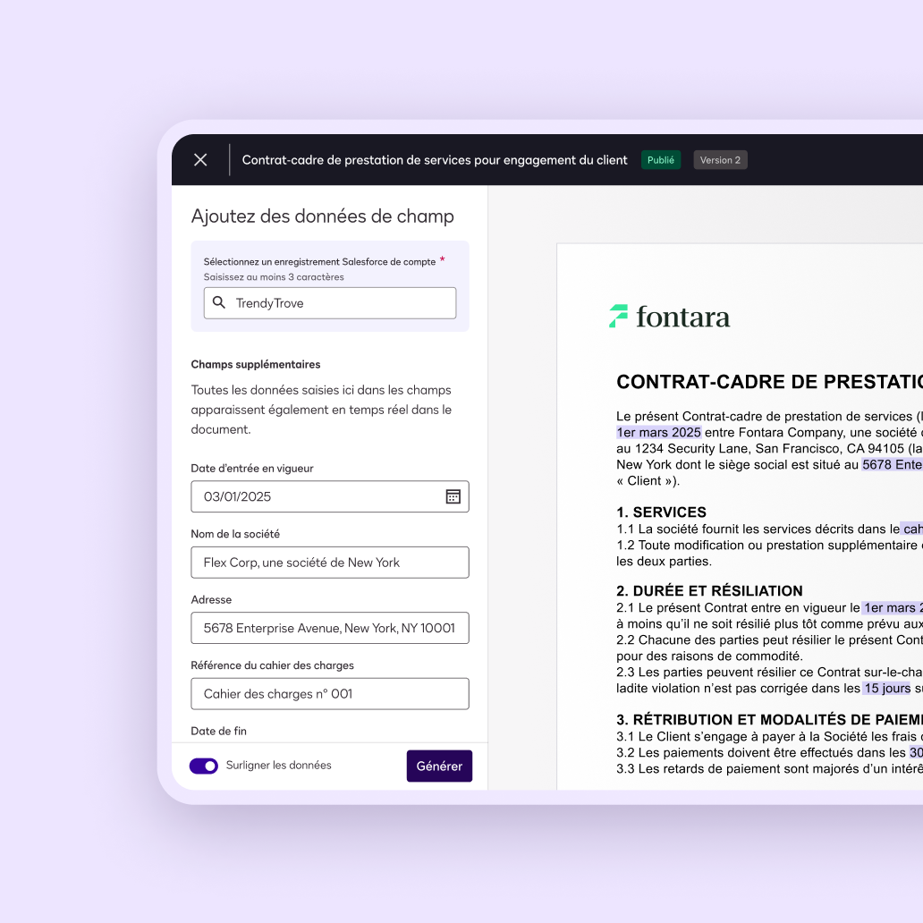 Interface utilisateur de préparation d'accord Docusign pour l'ajout de données de champ