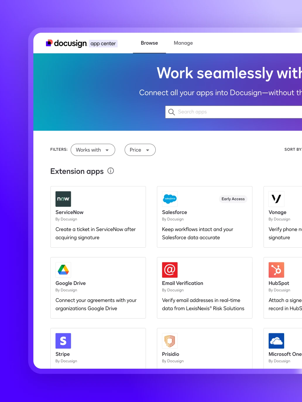 A Docusign notification for an upcoming contract renewal paired with a data dashboard, demonstrating how agreement automation provides visibility into renewal types and timelines.