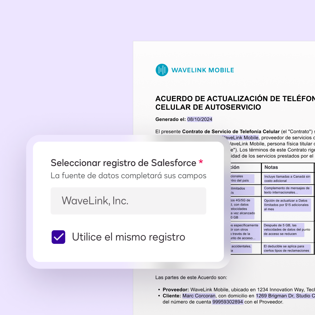 Interfaz de usuario de preparación de acuerdos de Docusign de un ticket de muestra