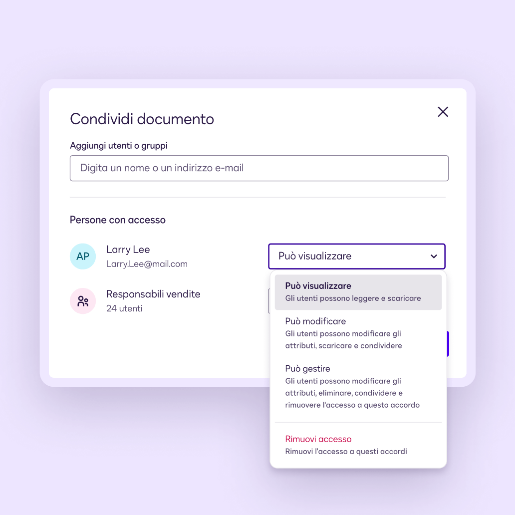 Una schermata in Docusign Navigator dove l'utente può selezionare un livello di accesso all'accordo per altri.