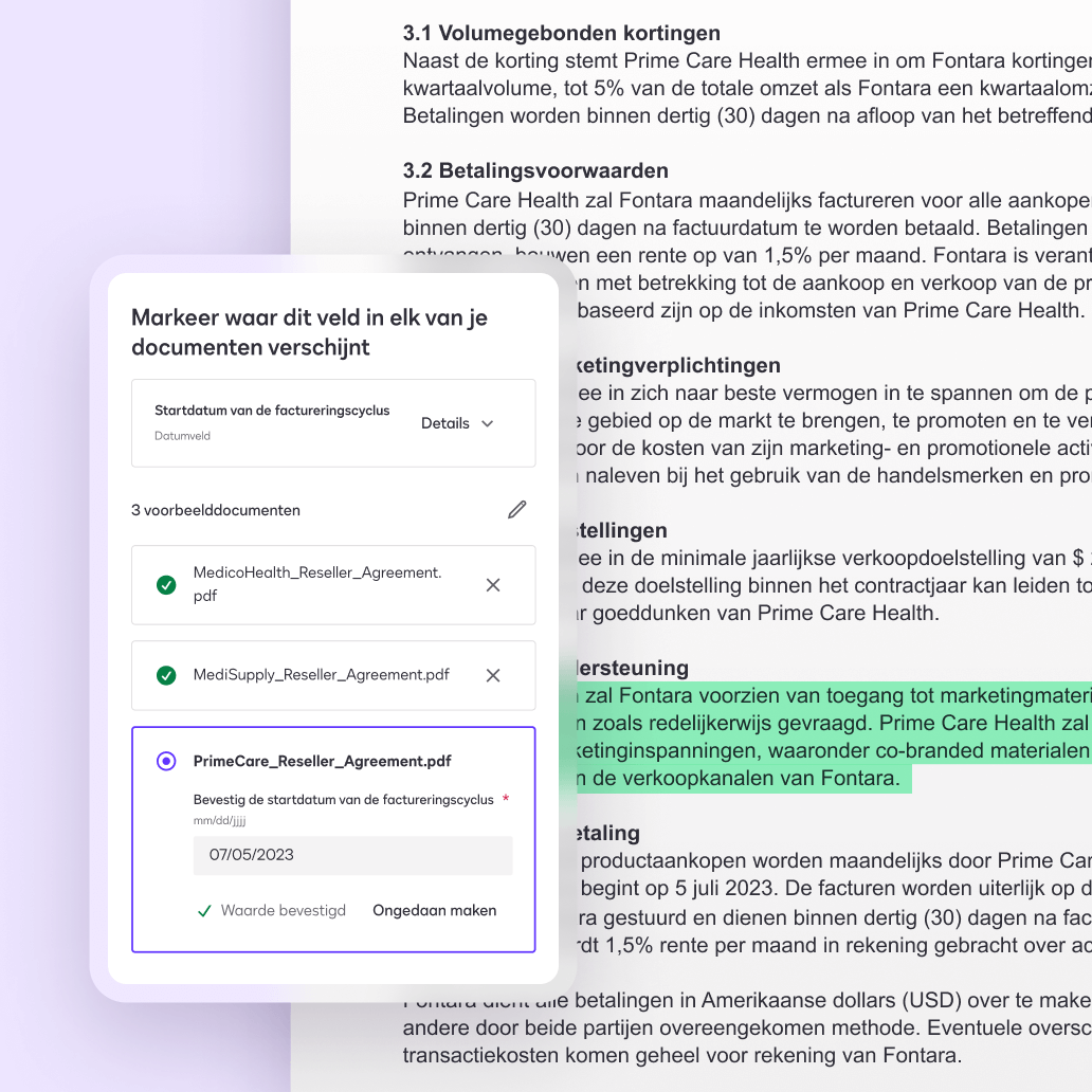 Een scherm in Docusign Navigator dat een aangepaste extractie met behulp van AI weergeeft.