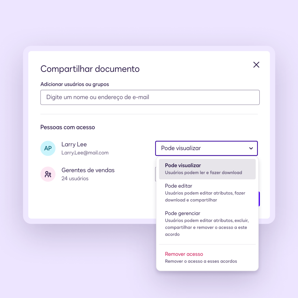 Uma tela no Docusign Navigator onde o usuário pode selecionar um nível de acesso ao acordo para outros.