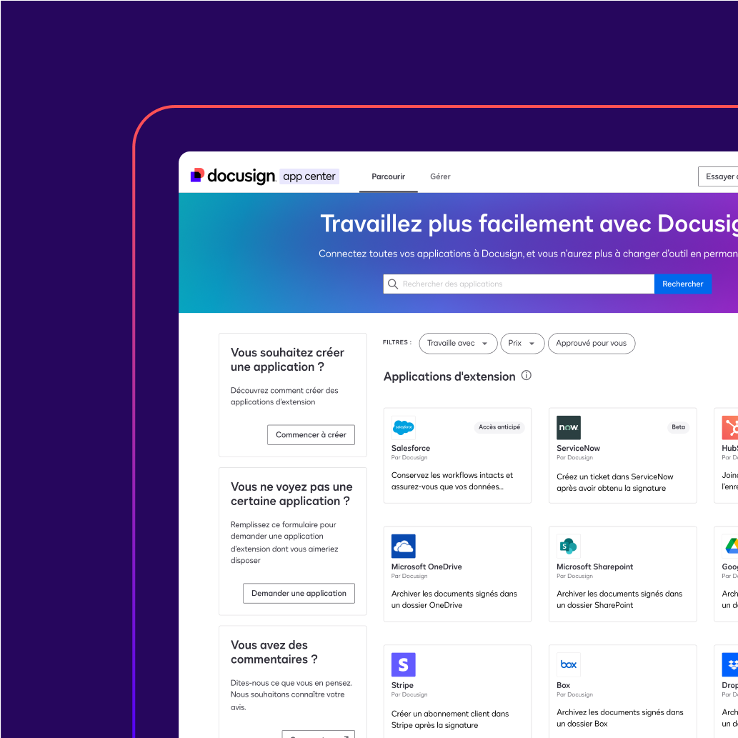 Screenshot of Docusign app center homepage featuring options to build apps, request apps, and provide feedback.