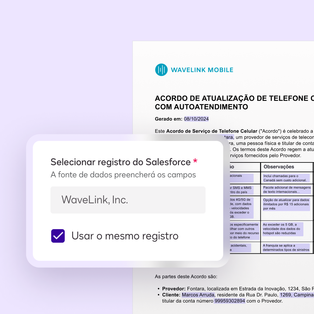 Interface do usuário de preparação de acordo do Docusign de um ticket de exemplo