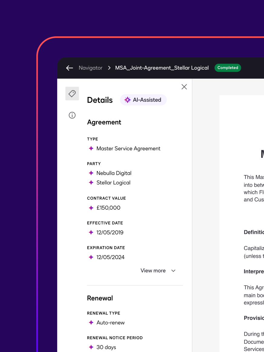 An AI-generated data extraction retrieves the type, title, party, contract value, effective date, and expiration date from a master service agreement.