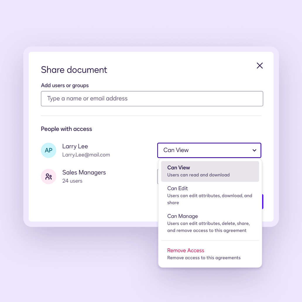 A screen in Docusign Navigator where the user can select a level of agreement access for others.