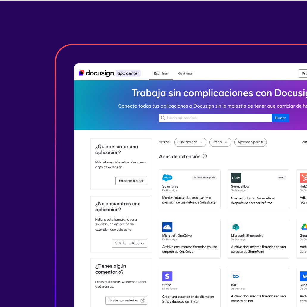 Screenshot of Docusign app center homepage featuring options to build apps, request apps, and provide feedback.
