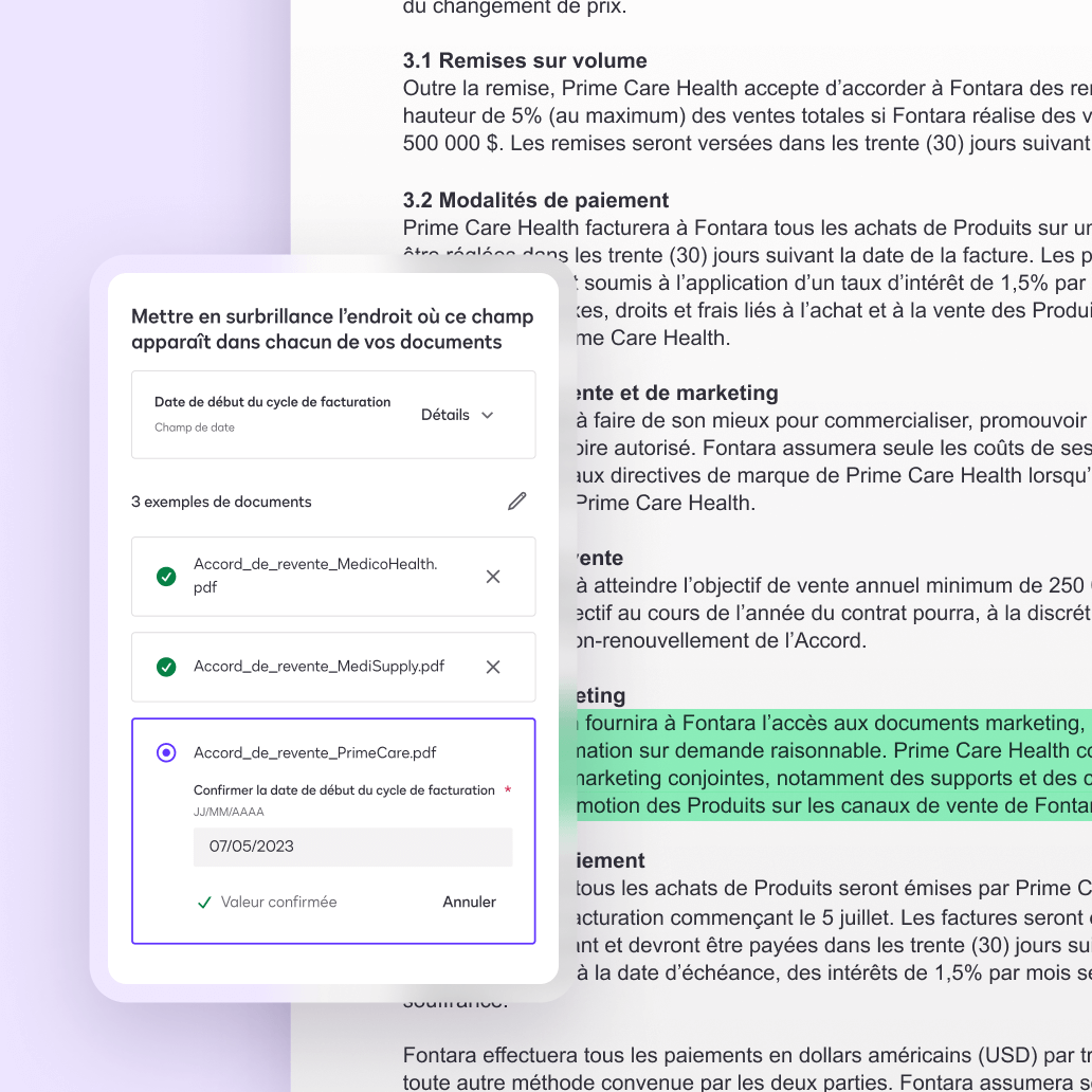 Un écran dans Docusign Navigator affichant une extraction personnalisée utilisant l'IA.