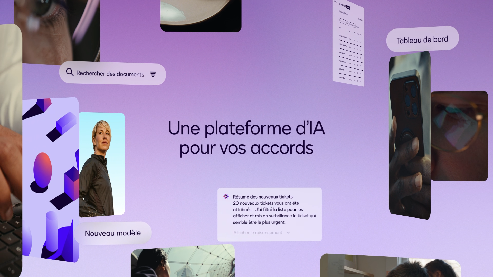 Collage de photos et de captures d'écran montrant comment Docusign IAM est la seule plateforme d'IA dont vous avez besoin pour tous vos accords.