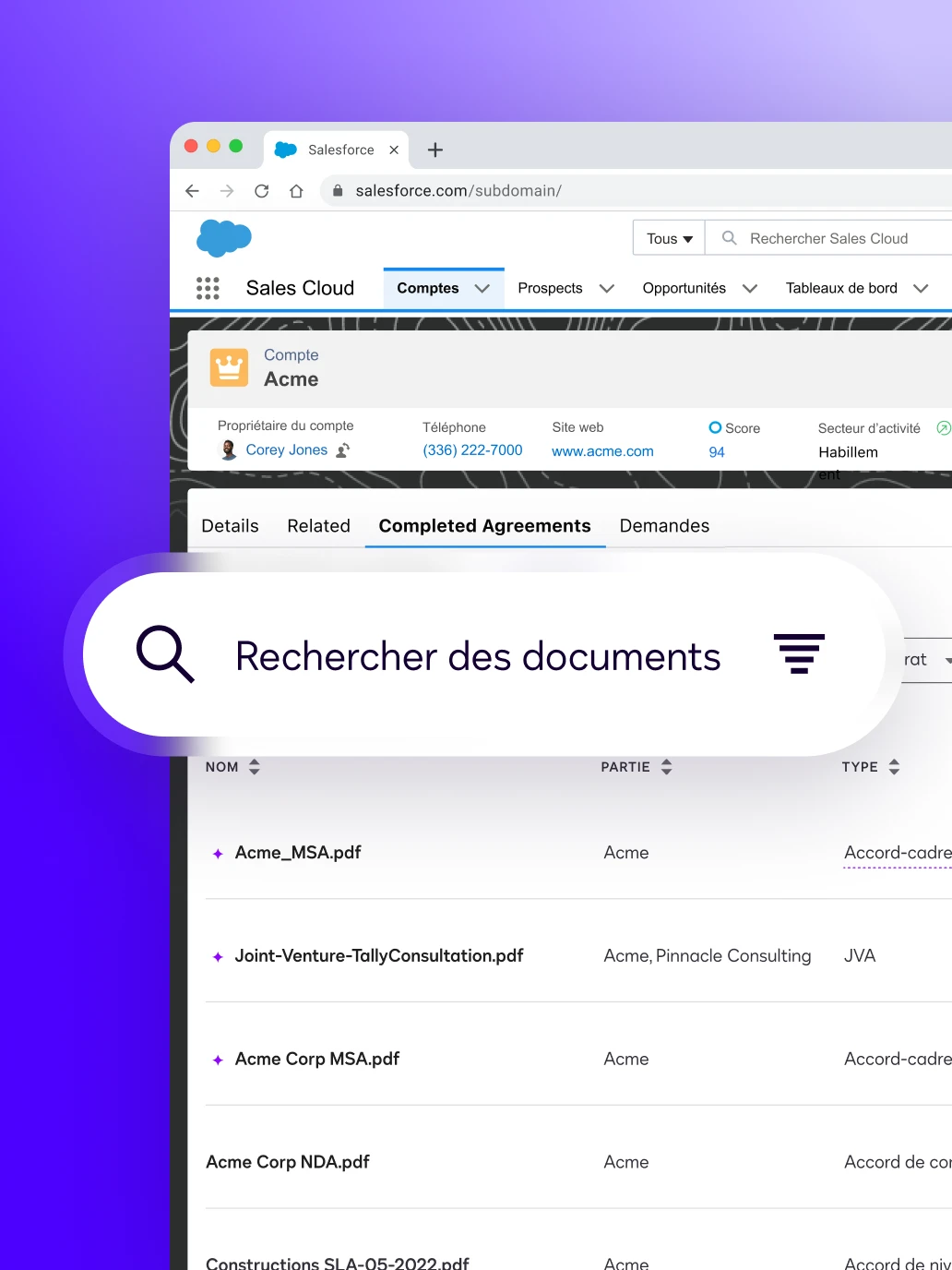User interface showing how AI search tools in Docusign Iris simplify the process of managing agreements.