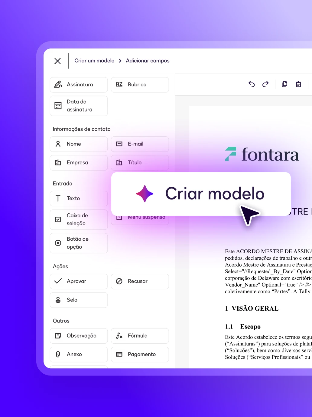 A digital interface for a document editor featuring a "Create Template" button, showcasing agreement automation tools for adding signatures, checkboxes, and contact fields.