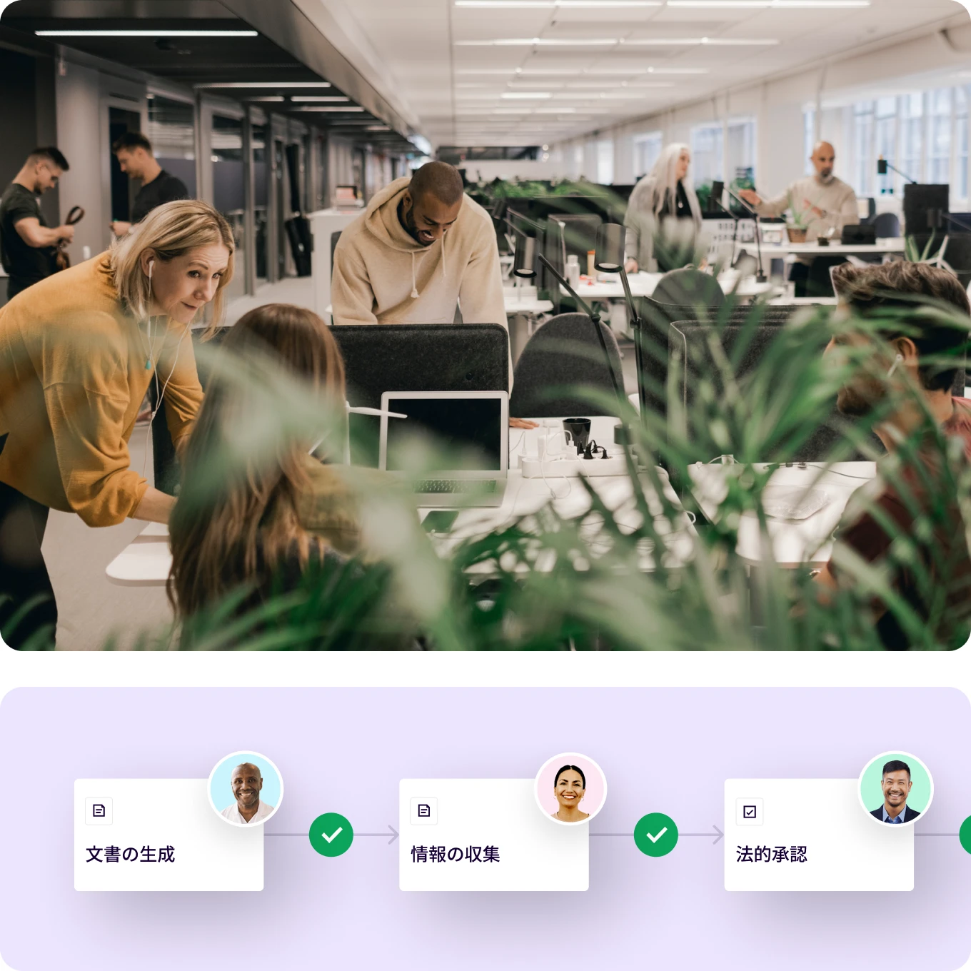 Office scene showing a team collaborating on a project, focusing on generating documents, collecting information, and legal approval.