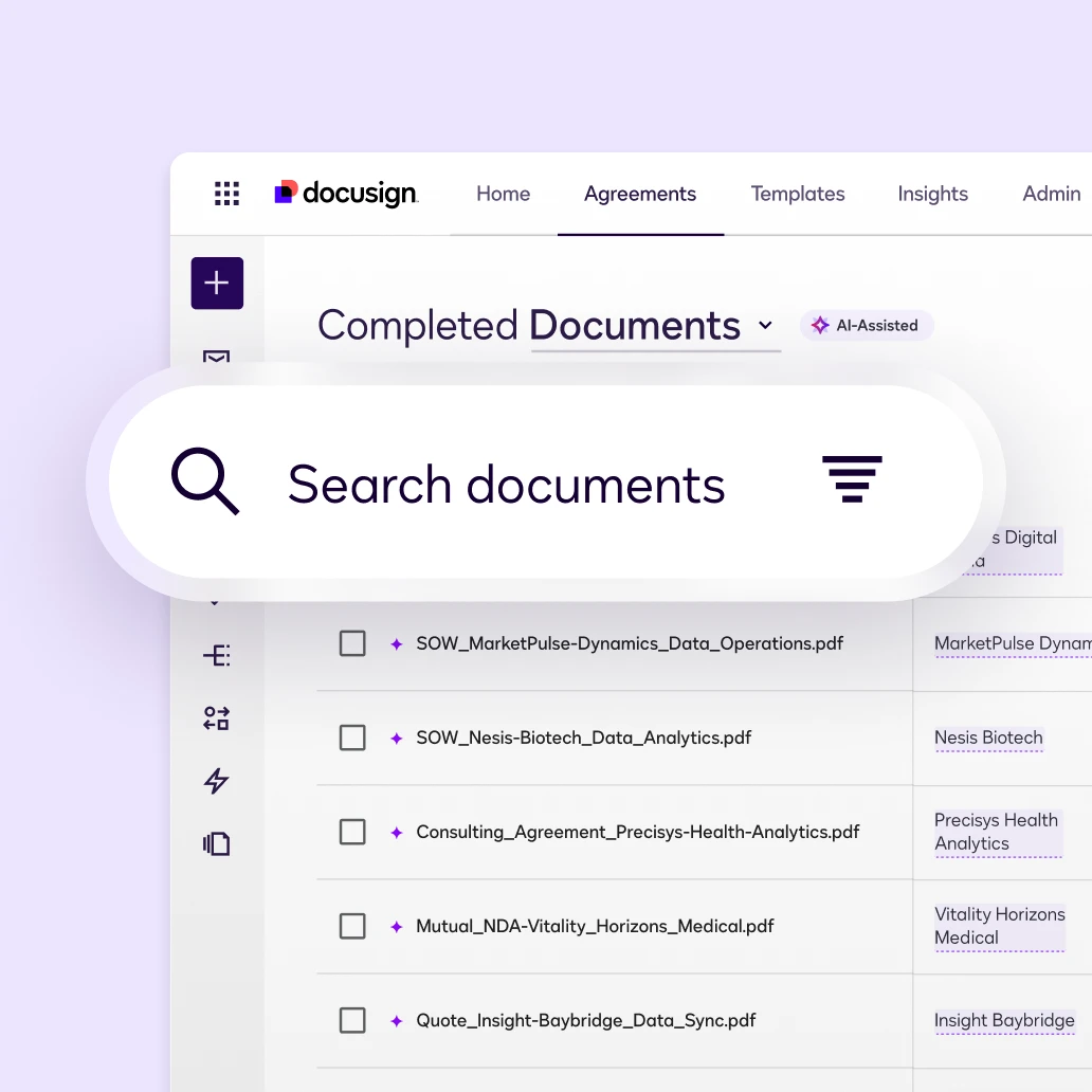 Docusign Agreement Manager user interface for the search tool