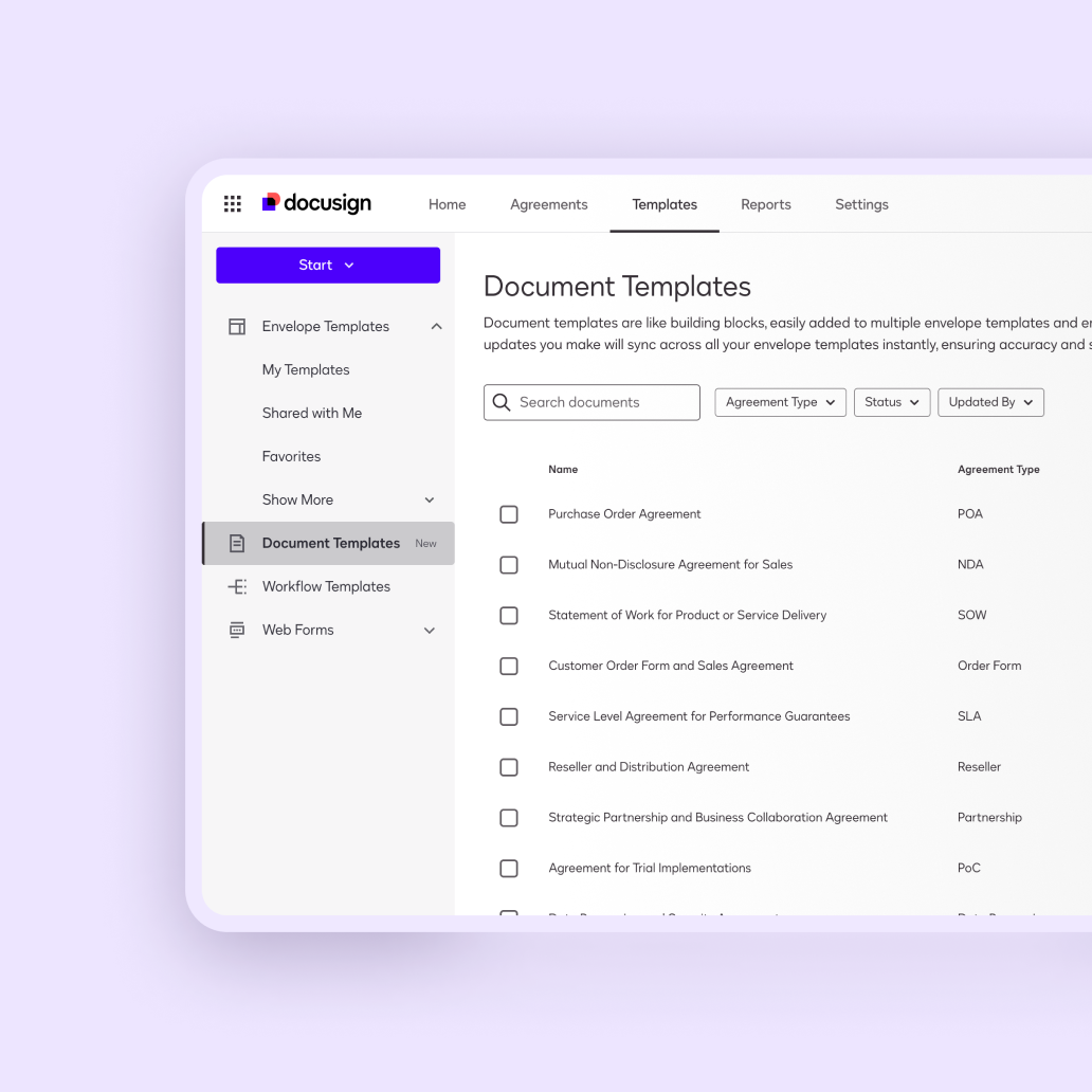 Docusign Agreement Preparation UI for managing agreement templates