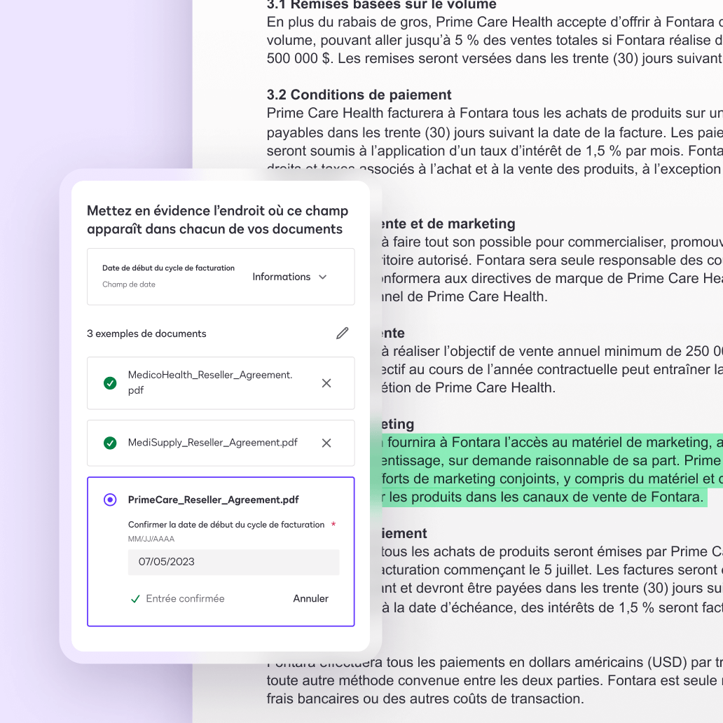 Un écran dans Docusign Navigator affichant une extraction personnalisée utilisant l'IA.