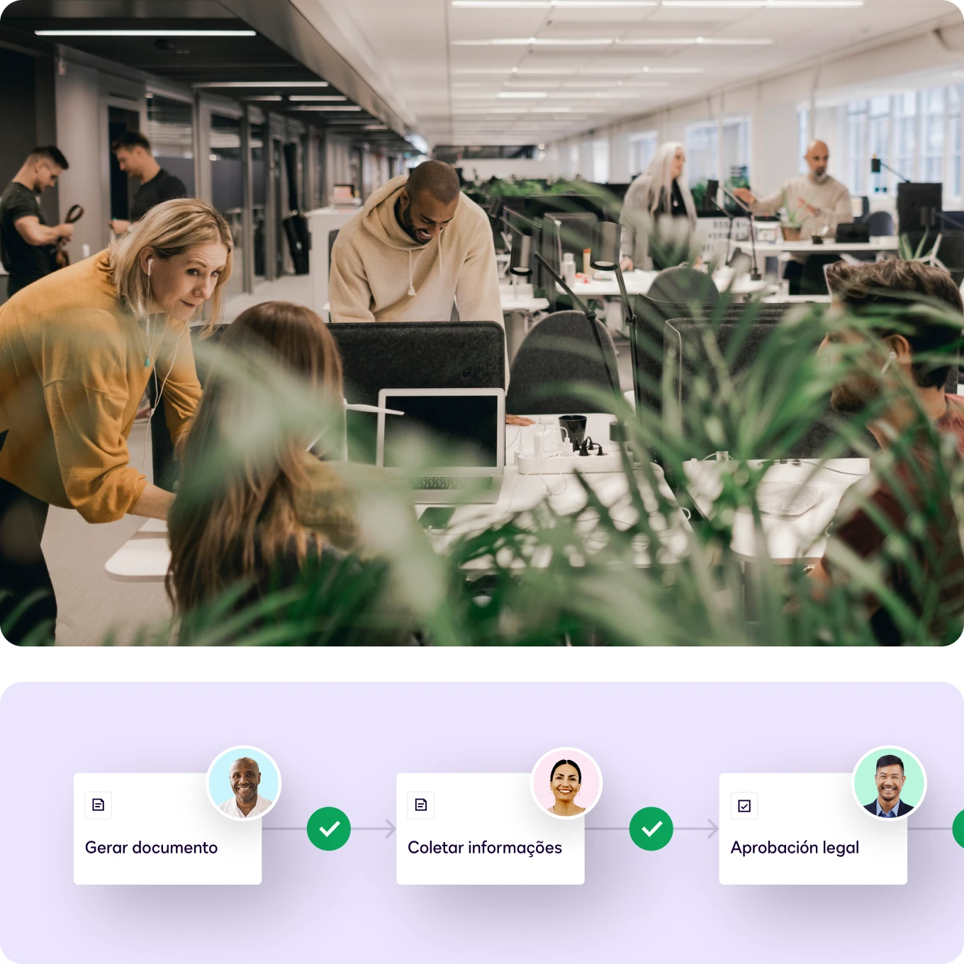 Office scene showing a team collaborating on a project, focusing on generating documents, collecting information, and legal approval.
